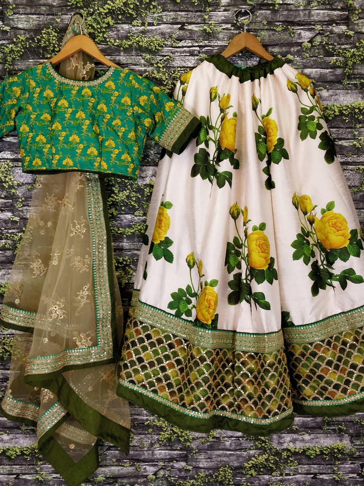 Stunning White Floral Lehenga | Green Embroidered Choli & Dupatta Set