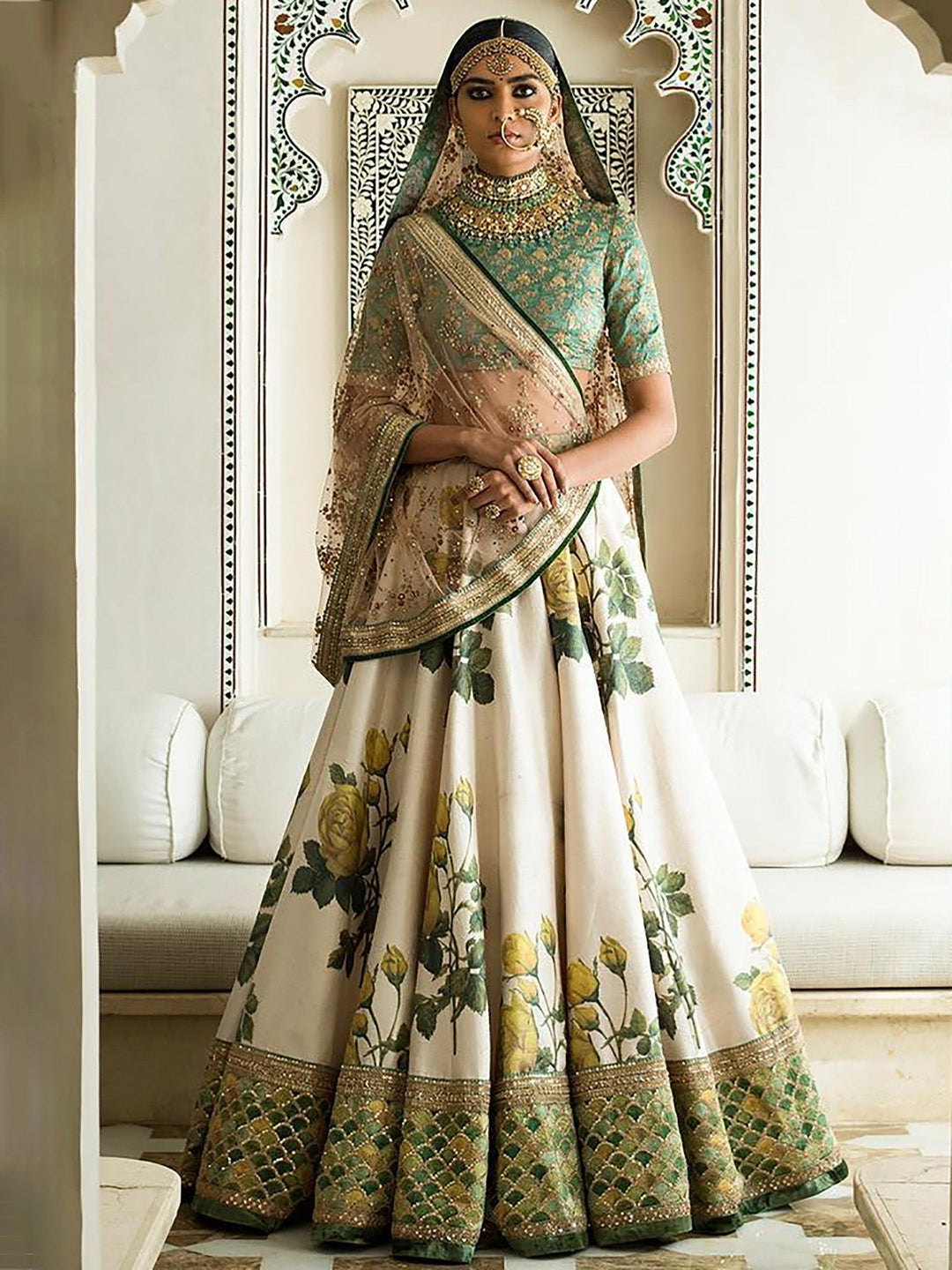 Stunning White Floral Lehenga | Green Embroidered Choli & Dupatta Set