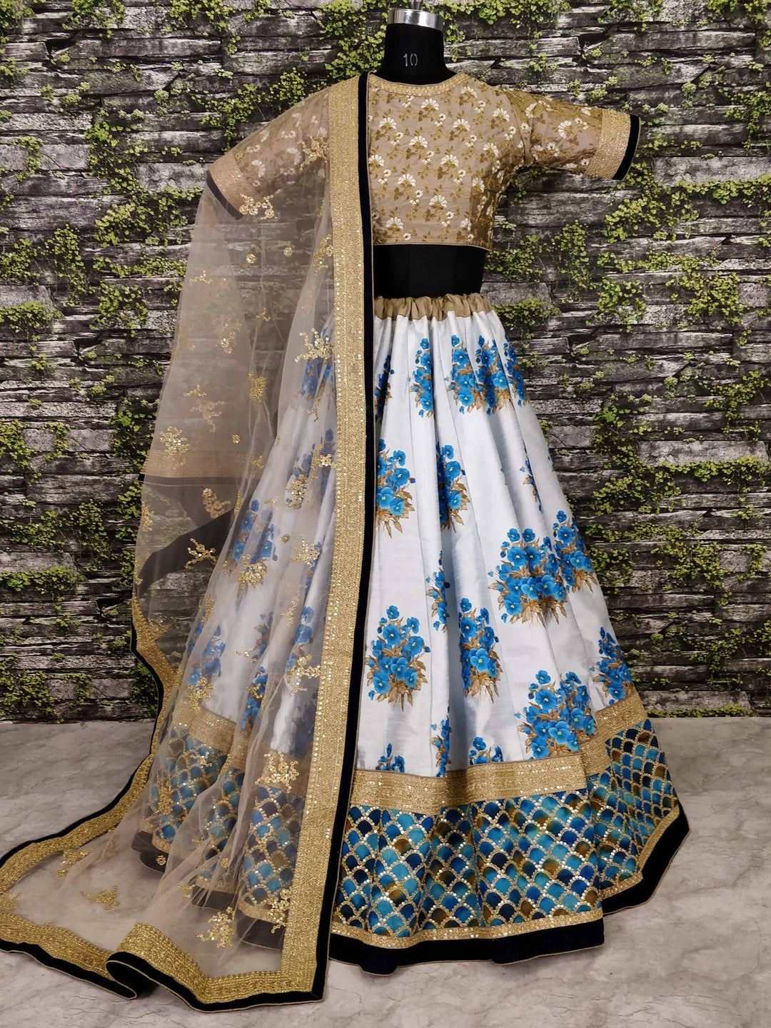 White and Blue Lehenga | Botanical Floral Print with Embroidered Blouse