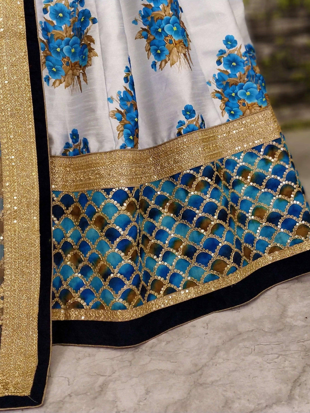 White and Blue Lehenga | Botanical Floral Print with Embroidered Blouse