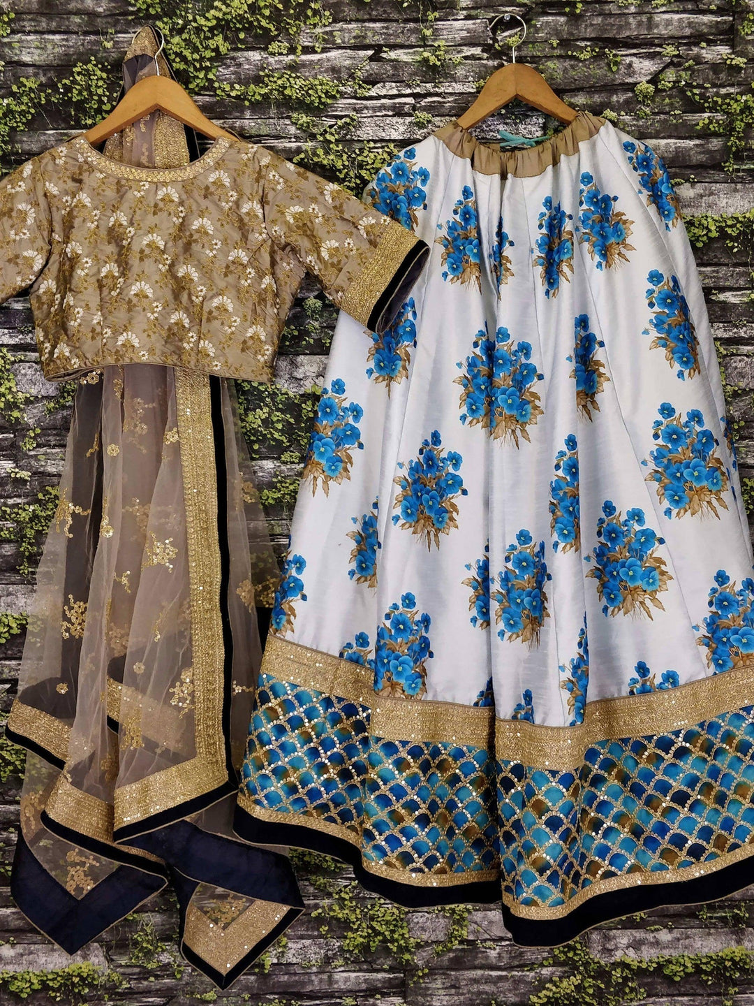 White and Blue Lehenga | Botanical Floral Print with Embroidered Blouse