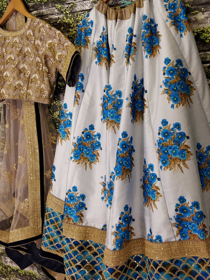 White and Blue Lehenga | Botanical Floral Print with Embroidered Blouse