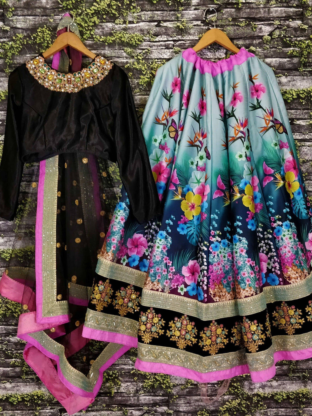 Multi-Color Floral Lehenga | Velvet Blouse & Lace Dupatta