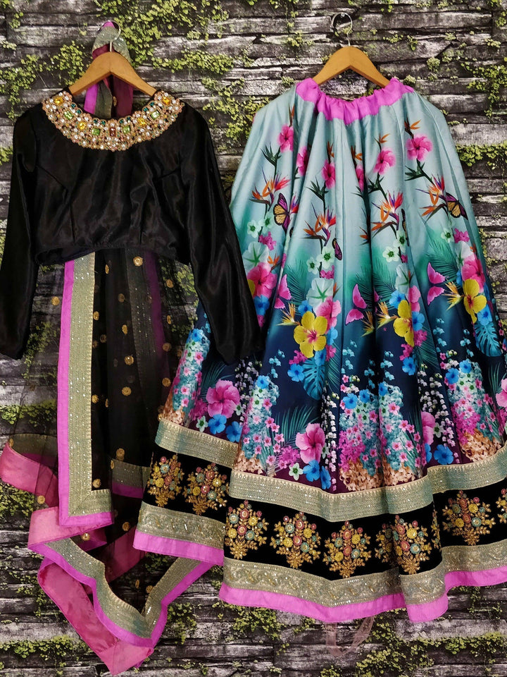 Multi-Color Floral Lehenga | Velvet Blouse & Lace Dupatta