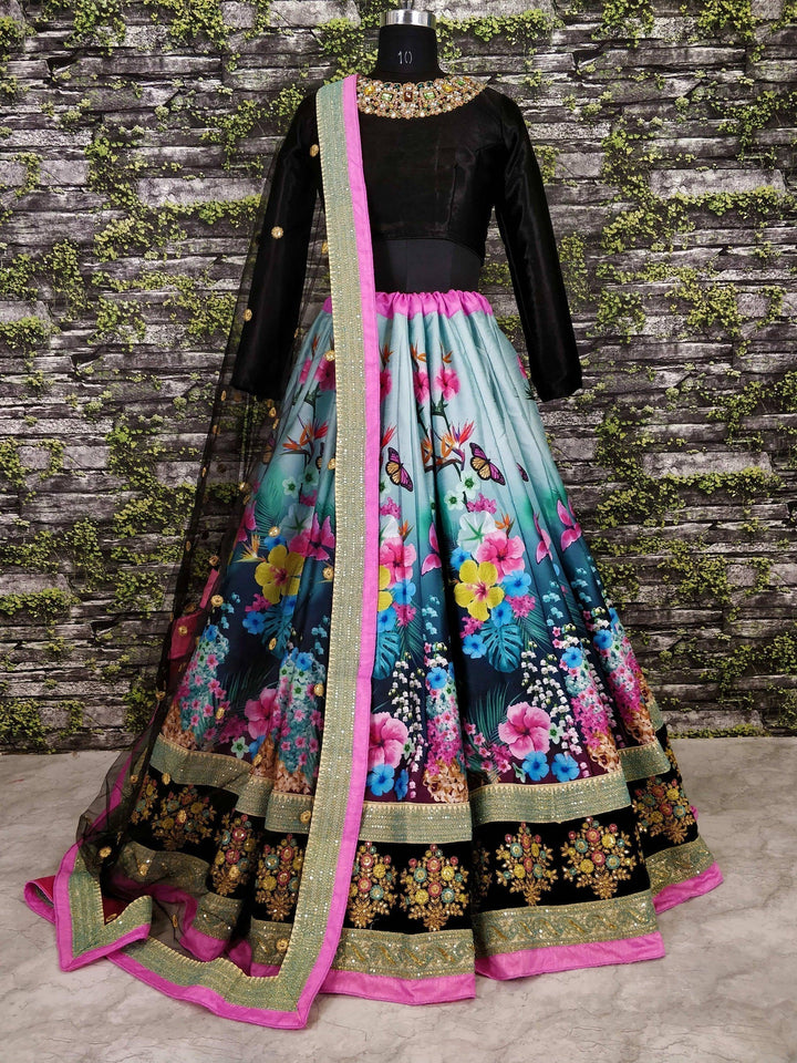 Multi-Color Floral Lehenga | Velvet Blouse & Lace Dupatta