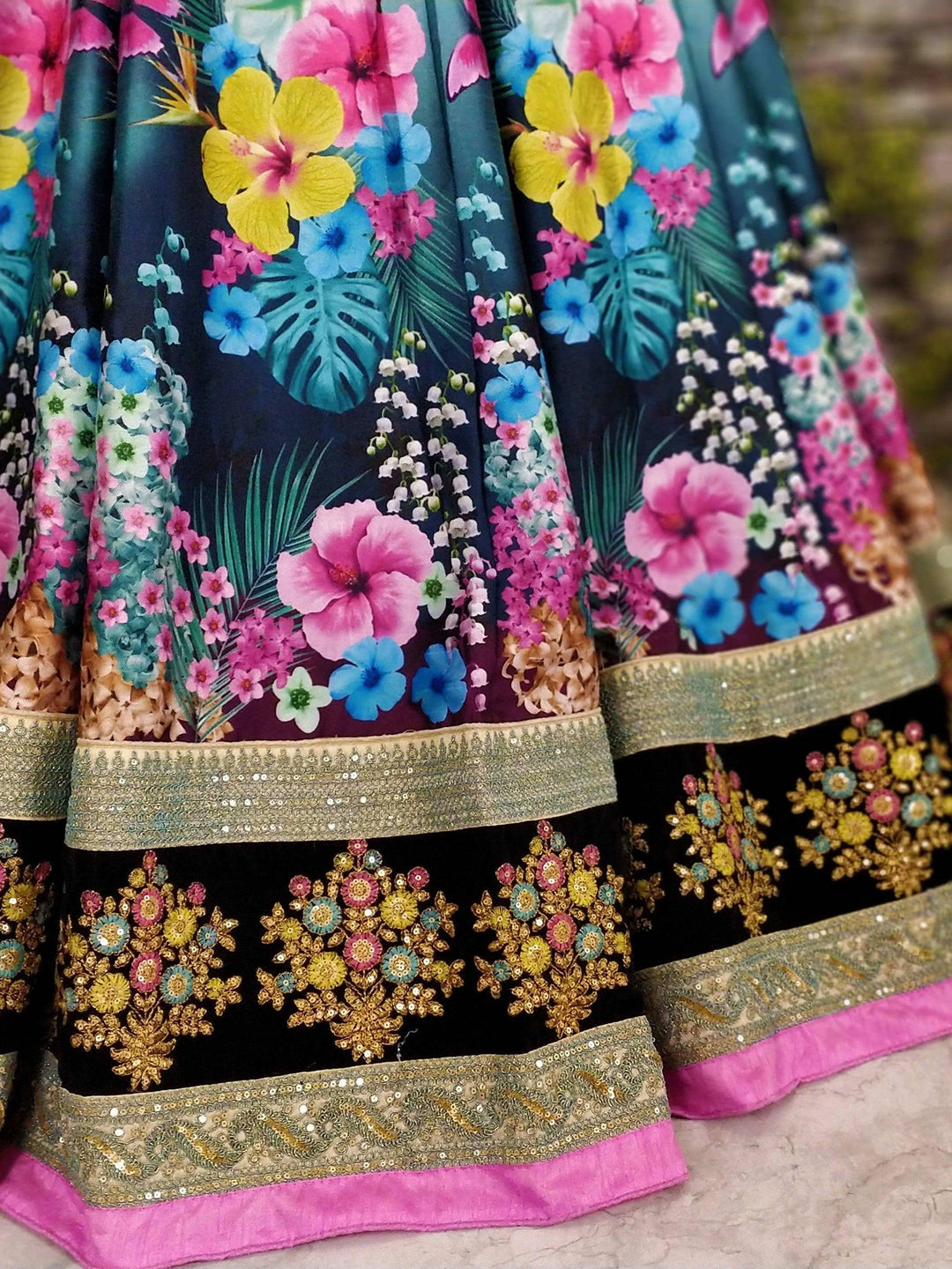 Multi-Color Floral Lehenga | Velvet Blouse & Lace Dupatta