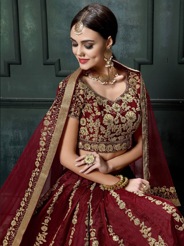 Stylish Maroon Raw Silk Lehenga | Dori & Sequins Party Wear Choli