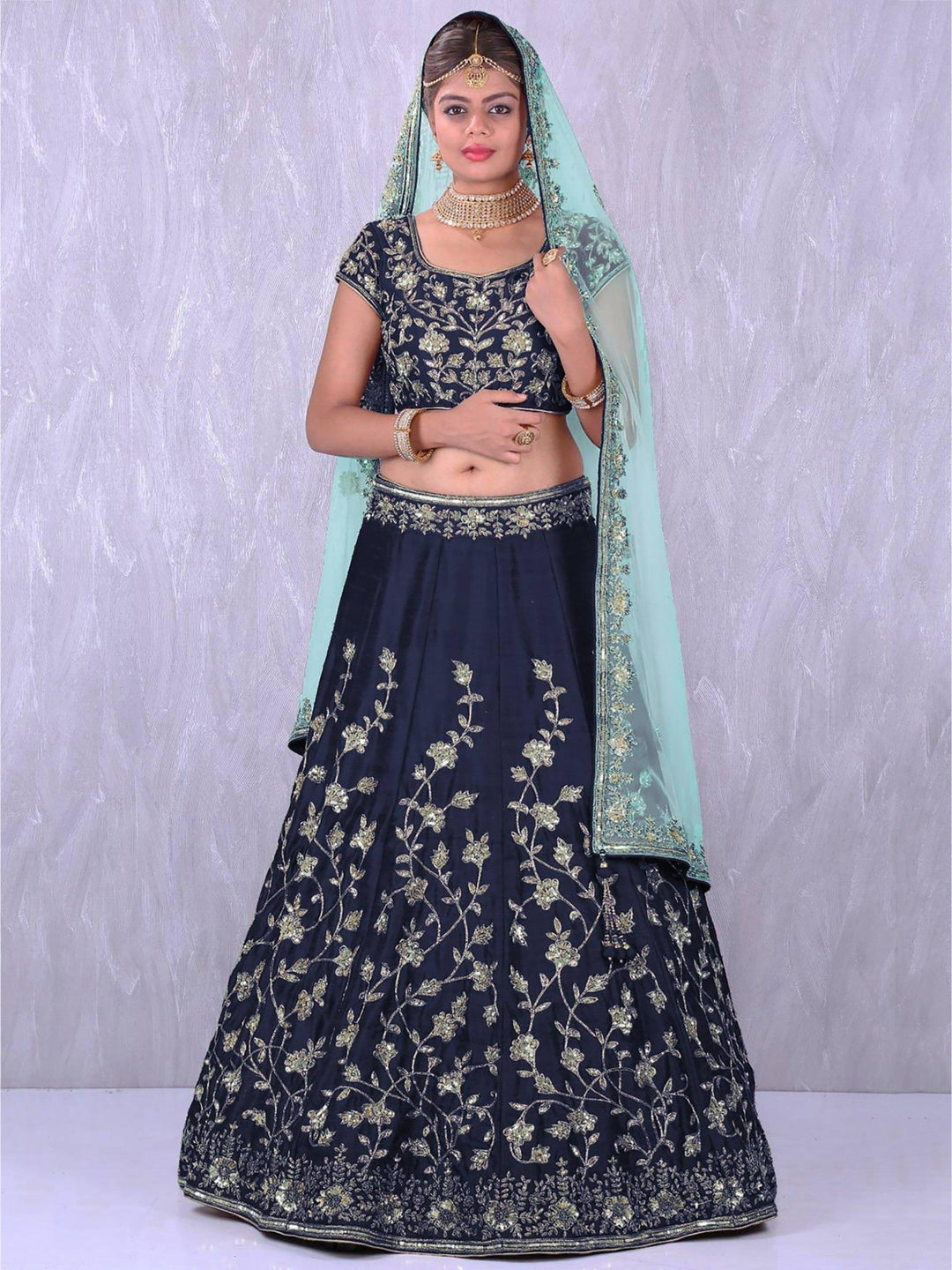 Navy Blue Silk Lehenga | Sequins & Applique Zari Work with Dupatta