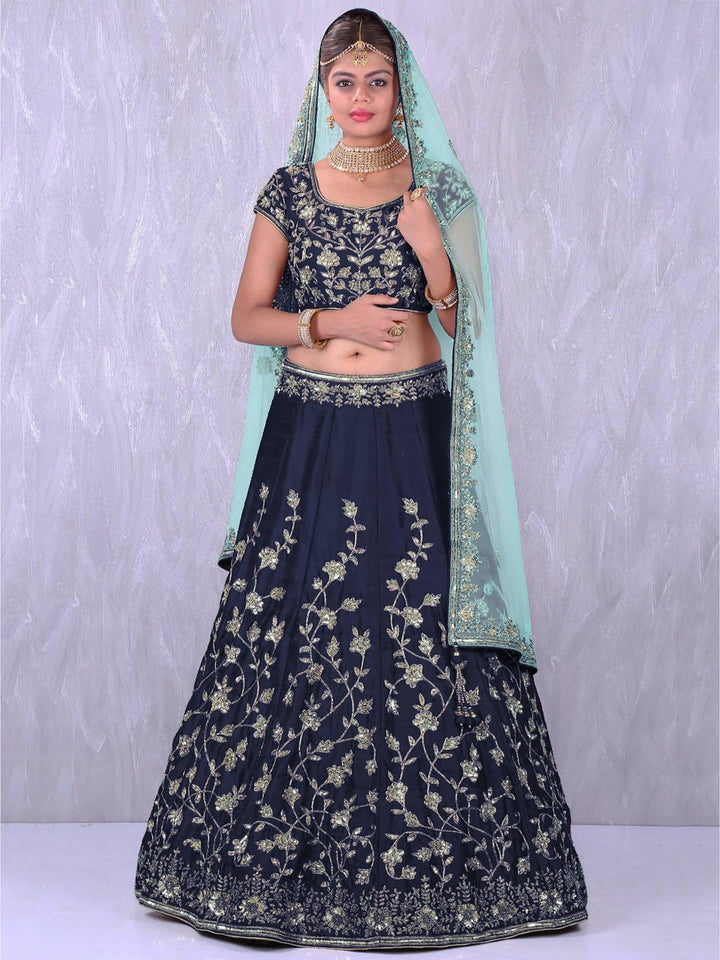 Navy Blue Silk Lehenga | Sequins & Applique Zari Work with Dupatta