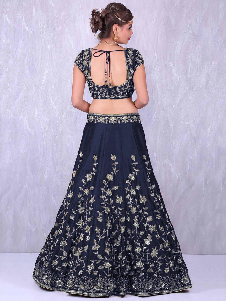 Navy Blue Silk Lehenga | Sequins & Applique Zari Work with Dupatta