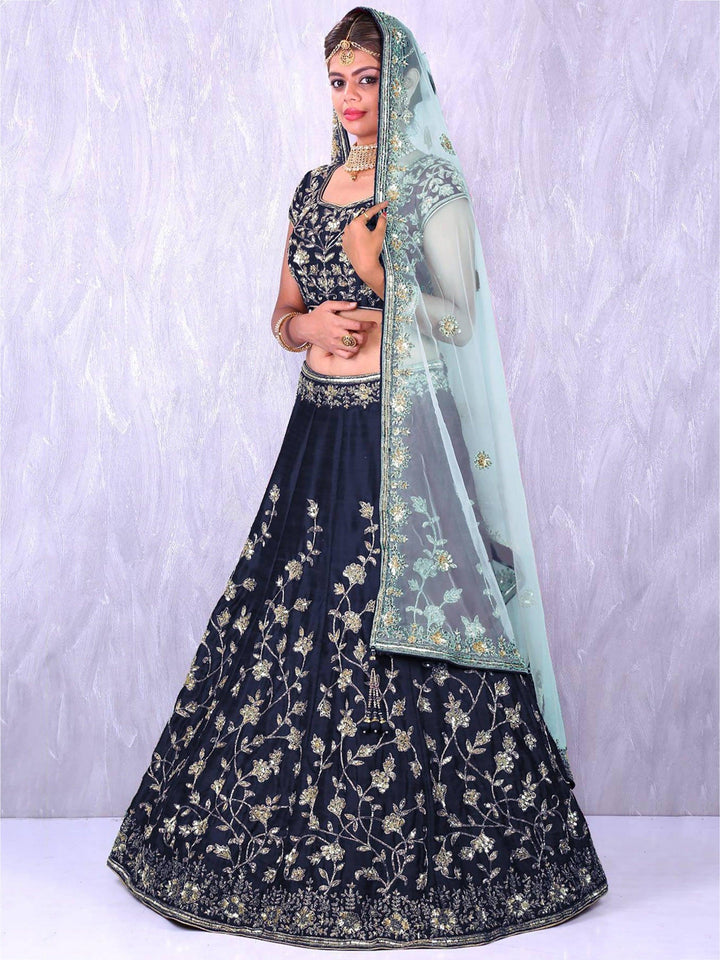 Navy Blue Silk Lehenga | Sequins & Applique Zari Work with Dupatta