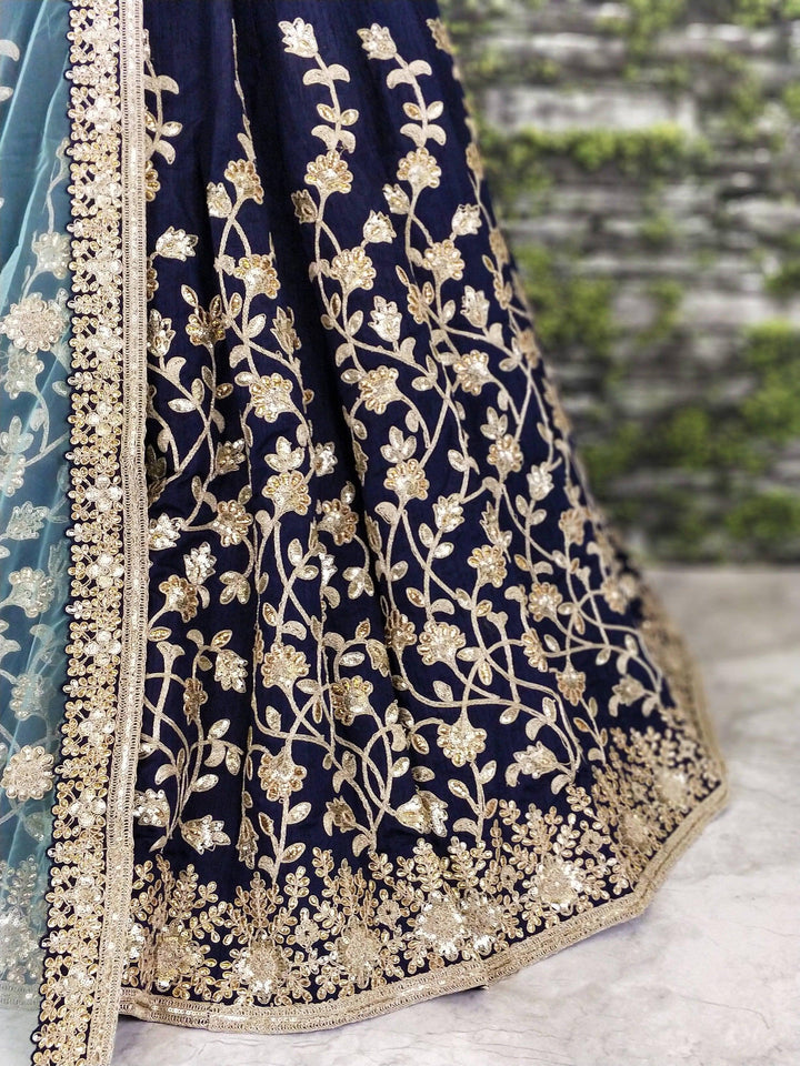 Navy Blue Silk Lehenga | Sequins & Applique Zari Work with Dupatta