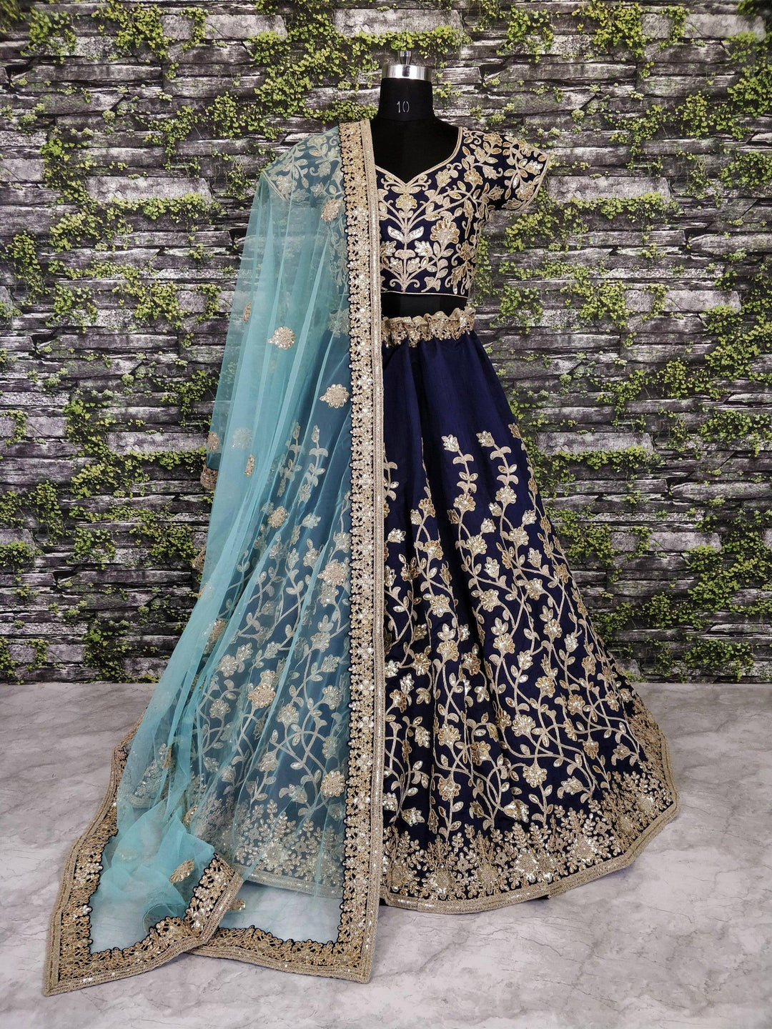 Navy Blue Silk Lehenga | Sequins & Applique Zari Work with Dupatta