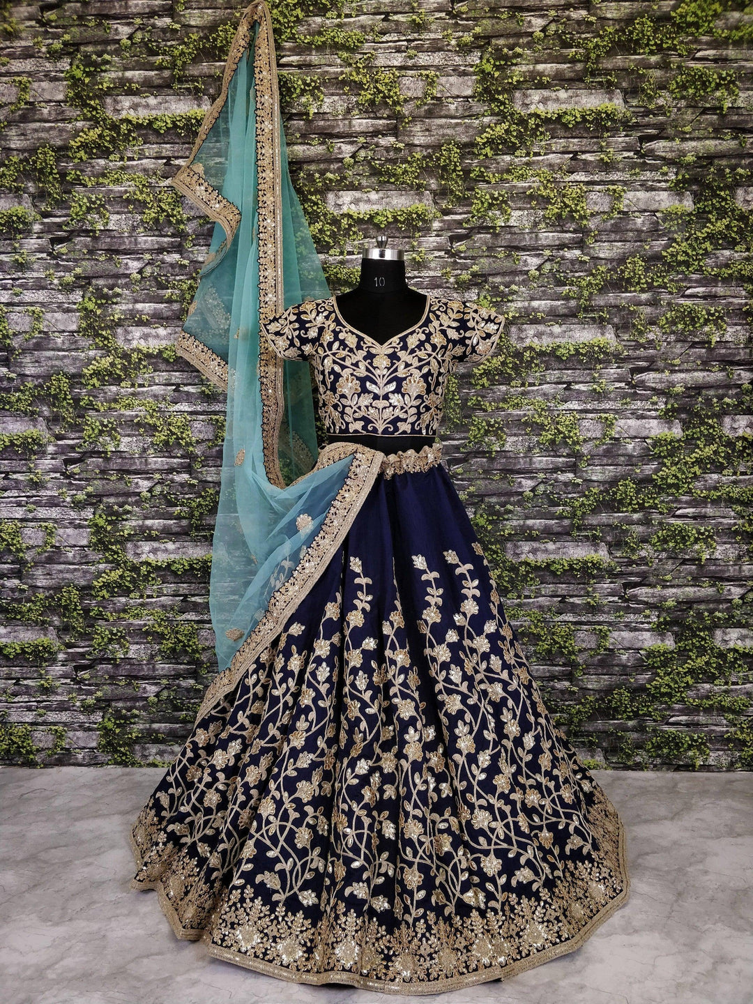 Navy Blue Silk Lehenga | Sequins & Applique Zari Work with Dupatta