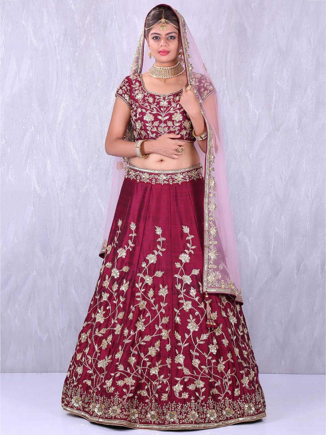 Applique Embroidery Maroon Lehenga | Silk Choli & Floral Net Dupatta