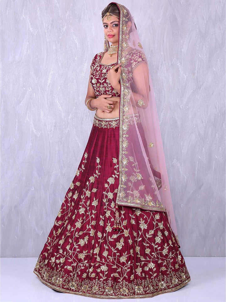 Applique Embroidery Maroon Lehenga | Silk Choli & Floral Net Dupatta