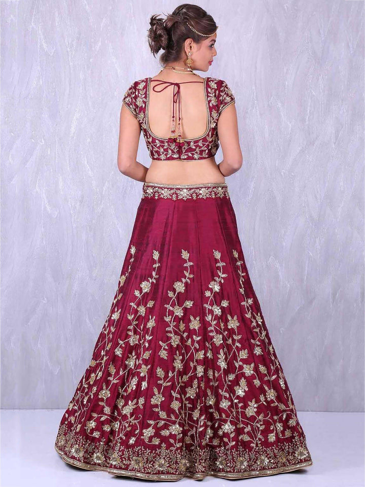 Applique Embroidery Maroon Lehenga | Silk Choli & Floral Net Dupatta