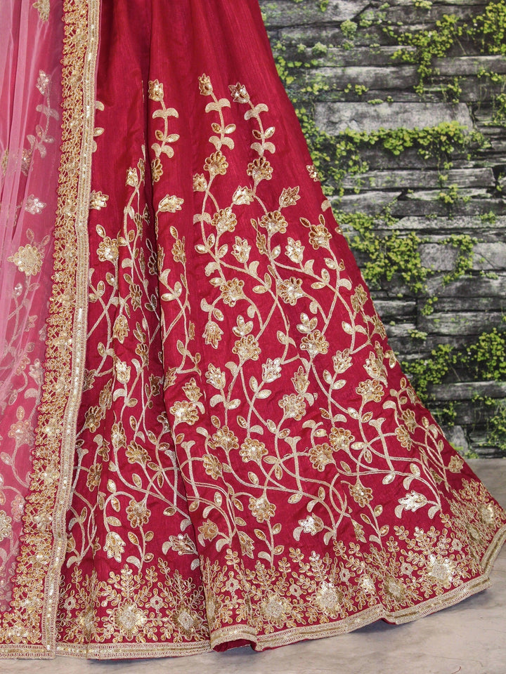 Applique Embroidery Maroon Lehenga | Silk Choli & Floral Net Dupatta