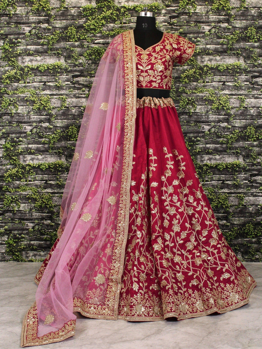 Applique Embroidery Maroon Lehenga | Silk Choli & Floral Net Dupatta