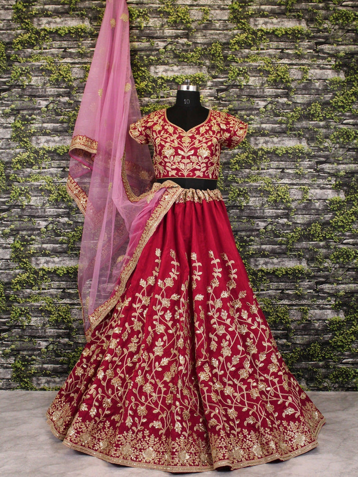 Applique Embroidery Maroon Lehenga | Silk Choli & Floral Net Dupatta