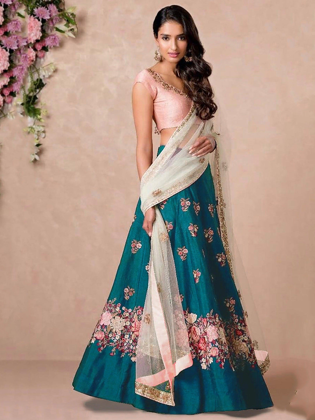 Festive Rama Raw Silk Lehenga Choli | Golden Zari Work & Sequins