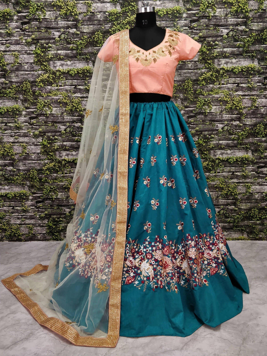 Festive Rama Raw Silk Lehenga Choli | Golden Zari Work & Sequins