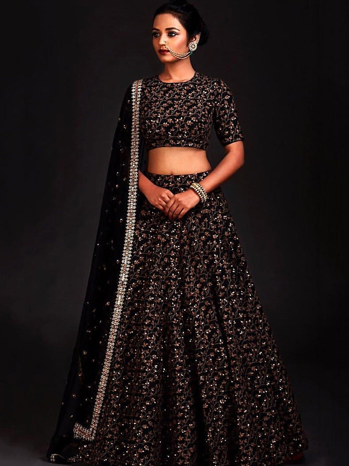 Black Silk Lehenga with Golden Sequins | Vine Pattern Embroidery