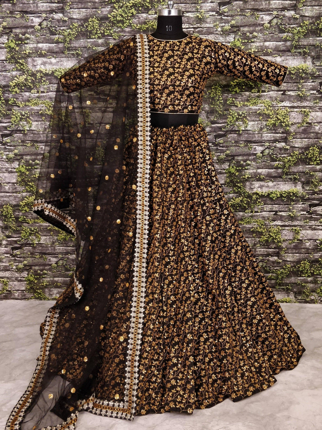 Black Silk Lehenga with Golden Sequins | Vine Pattern Embroidery