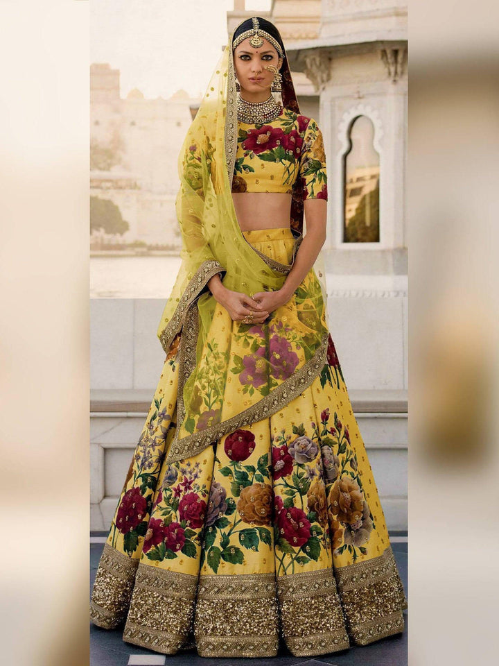 Partywear Yellow Embroidered Lehenga | Art Silk & Lace Detailing