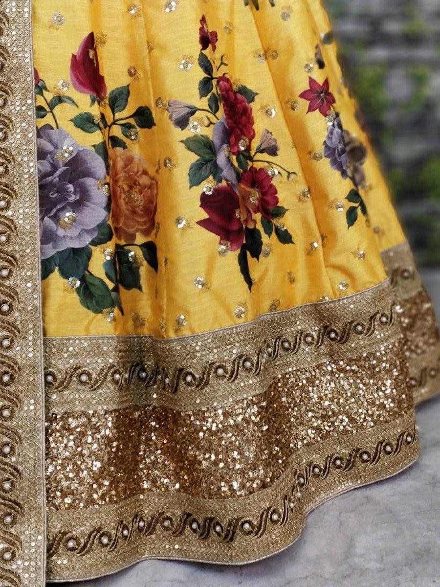 Partywear Yellow Embroidered Lehenga | Art Silk & Lace Detailing