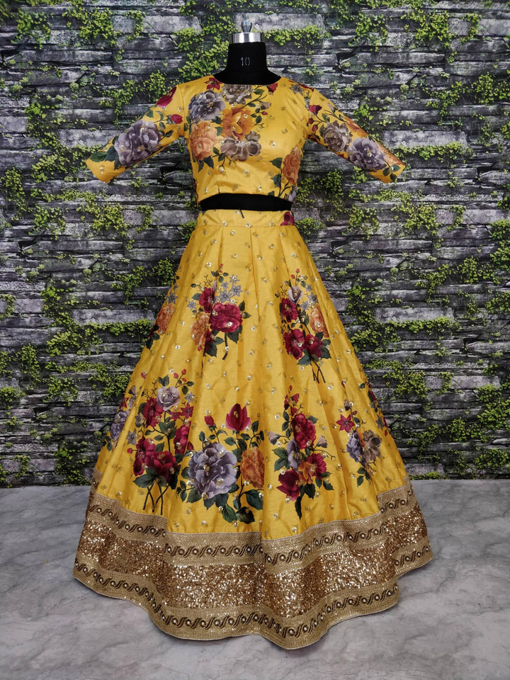 Partywear Yellow Embroidered Lehenga | Art Silk & Lace Detailing