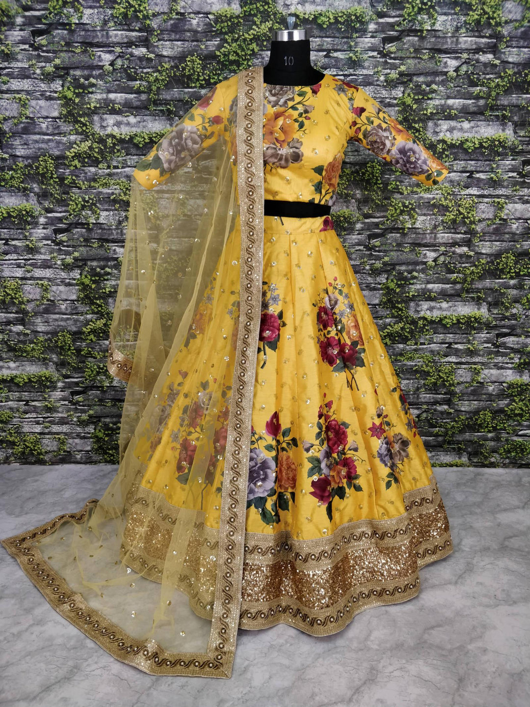 Partywear Yellow Embroidered Lehenga | Art Silk & Lace Detailing