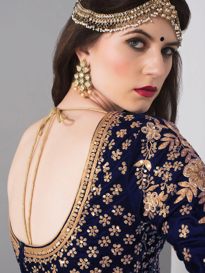 Luxury Navy Blue Lehenga Choli | Velvet with Sequins & Zari Work