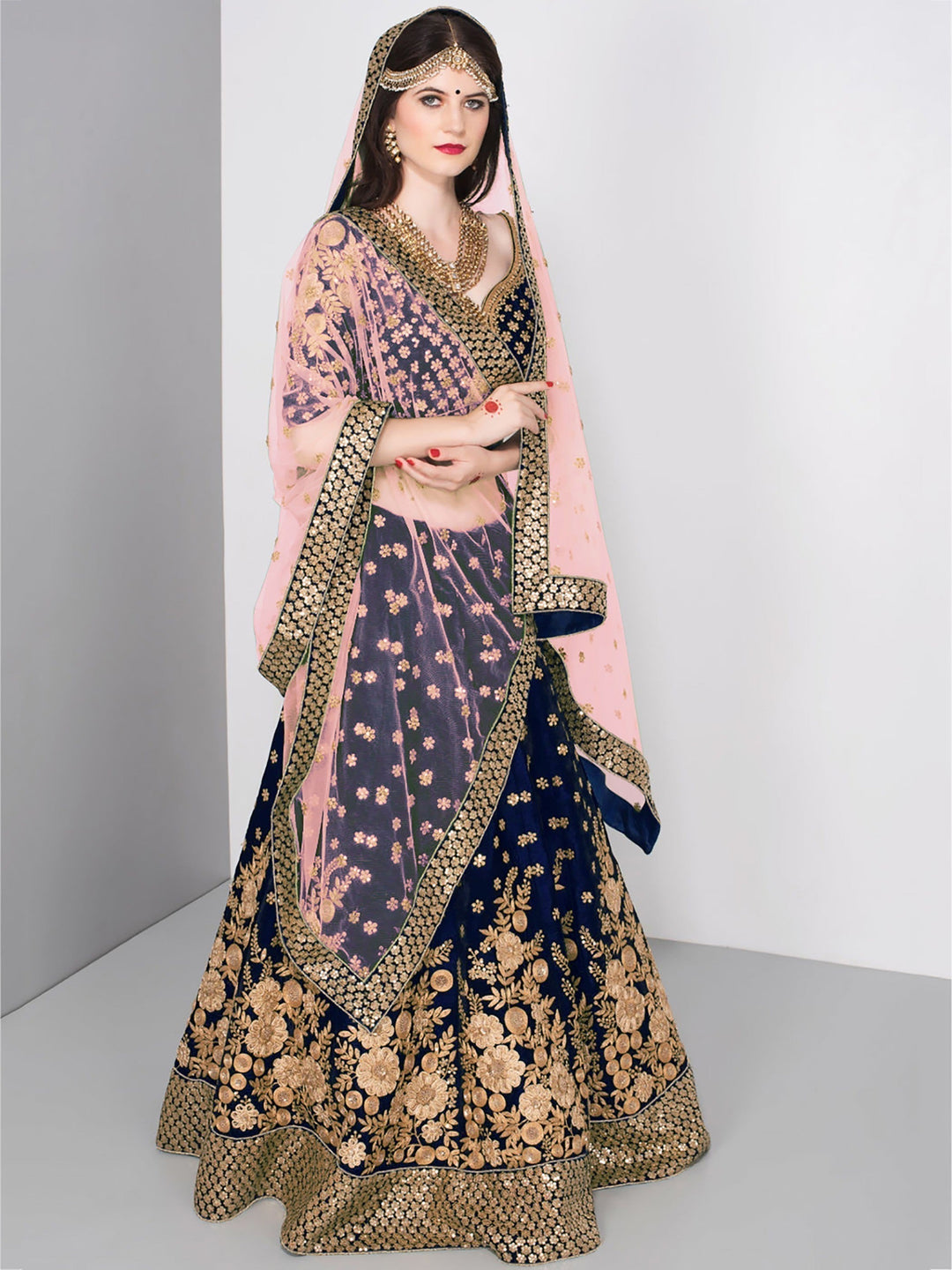 Luxury Navy Blue Lehenga Choli | Velvet with Sequins & Zari Work