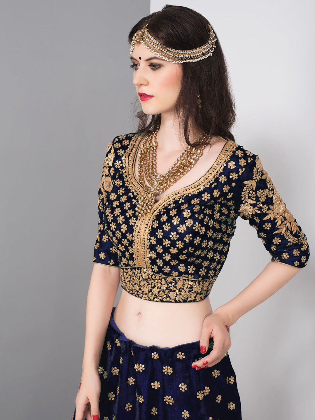 Luxury Navy Blue Lehenga Choli | Velvet with Sequins & Zari Work