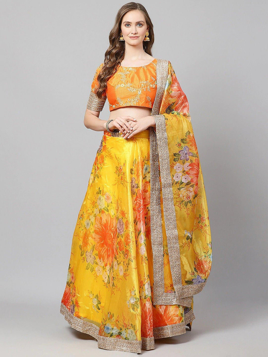 Bridal Yellow-Orange Lehenga | Designer Floral Print with Zari Work