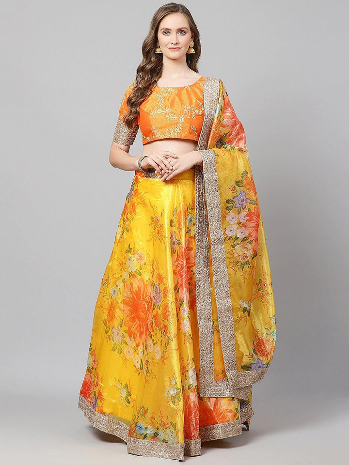 Bridal Yellow-Orange Lehenga | Designer Floral Print with Zari Work