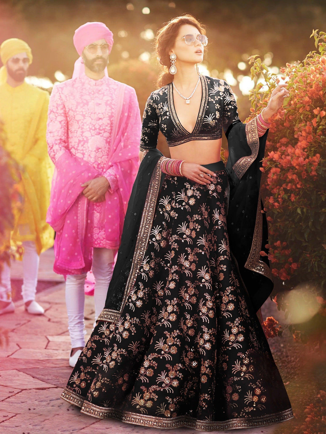 Bridal Black Satin Lehenga | Customizable Lehenga with Lace Dupatta