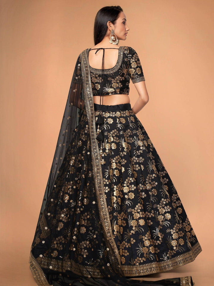 Bridal Black Satin Lehenga | Customizable Lehenga with Lace Dupatta