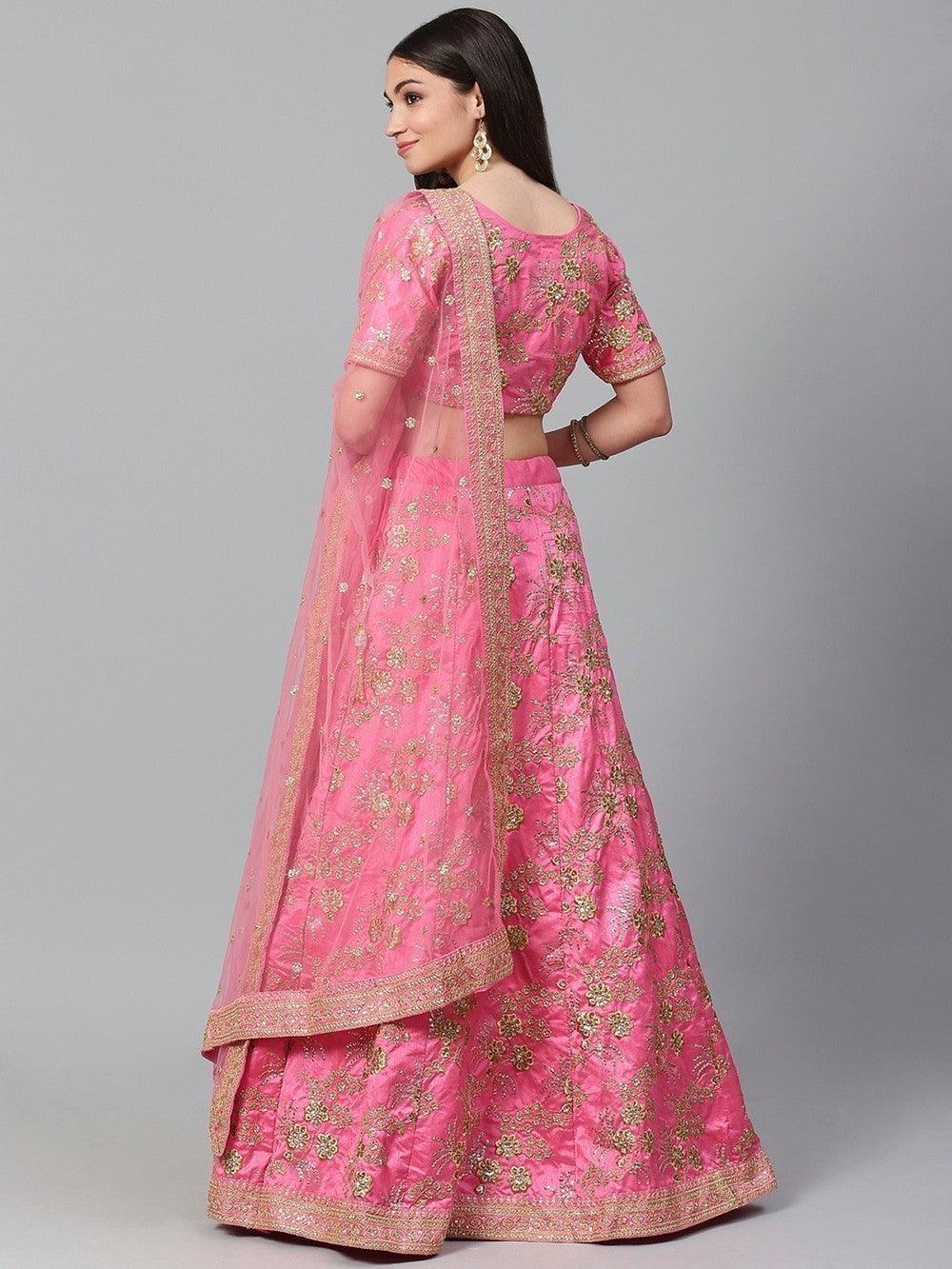 Customizable Pink Satin Lehenga | Bridal Set with Lace and Embroidery