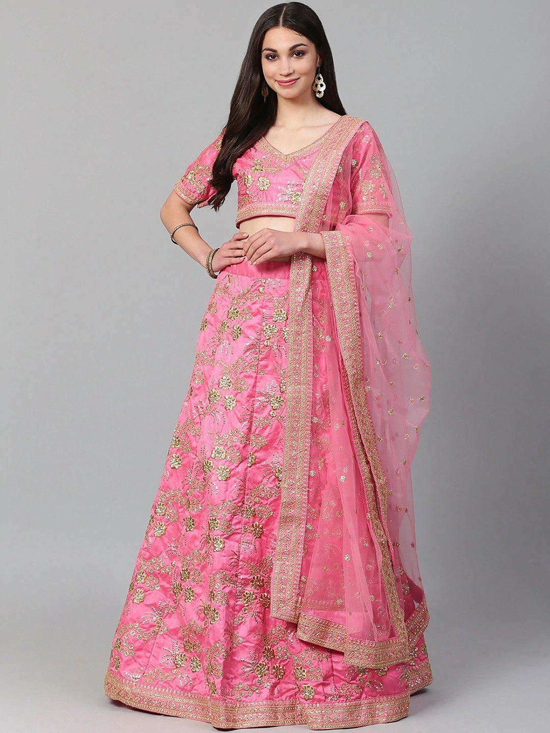 Customizable Pink Satin Lehenga | Bridal Set with Lace and Embroidery