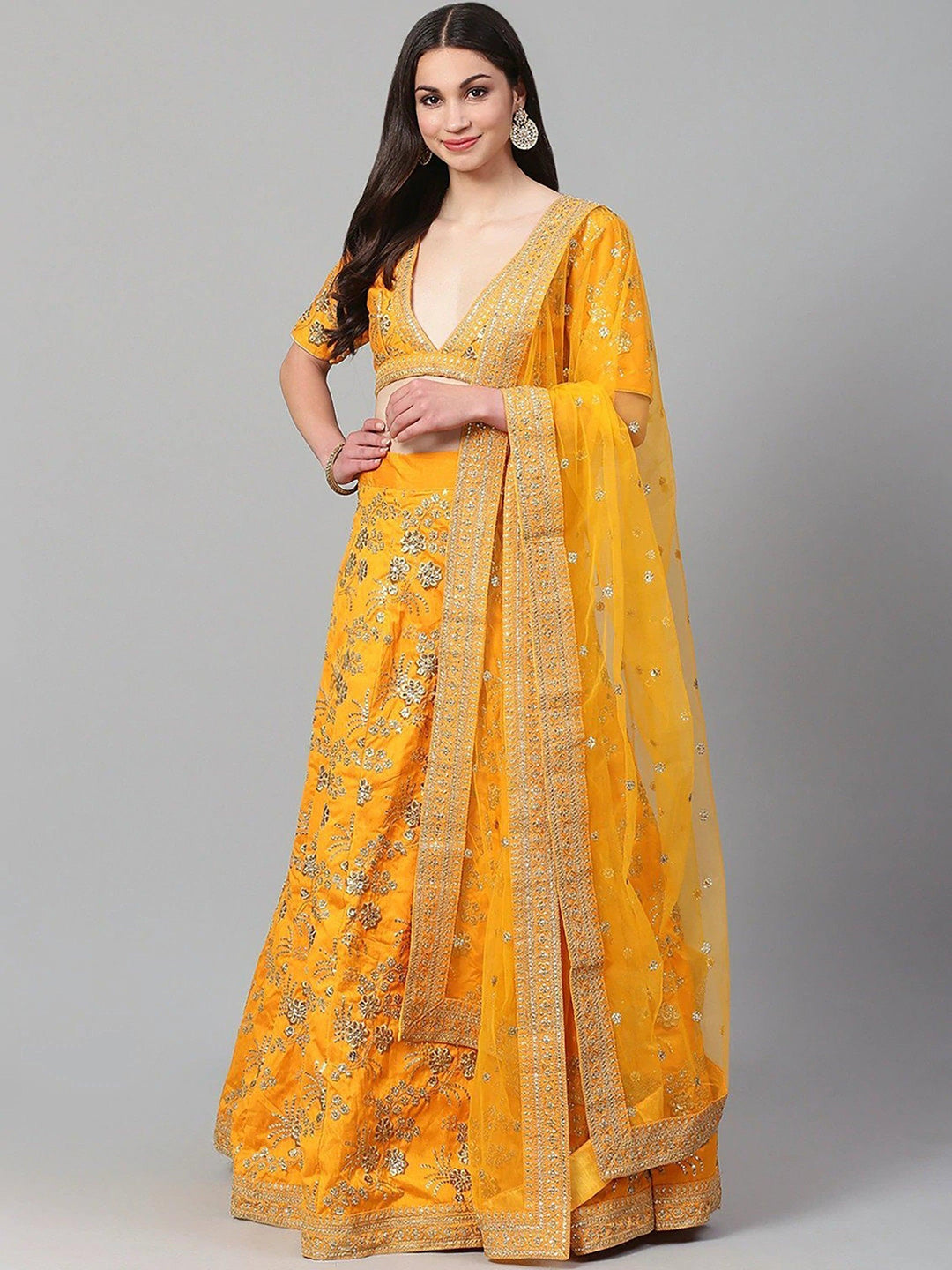 Hypnotic Yellow Satin Lehenga Choli | Wedding Wear Embroidered Set