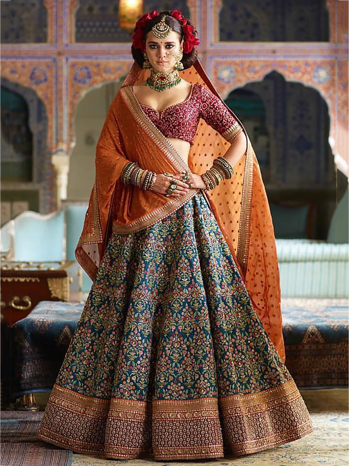 Flamboyant Blue-Red Lehenga Choli | Bridal Wear with Embroidery & Stone Work