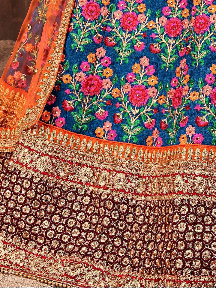 Flamboyant Blue-Red Lehenga Choli | Bridal Wear with Embroidery & Stone Work