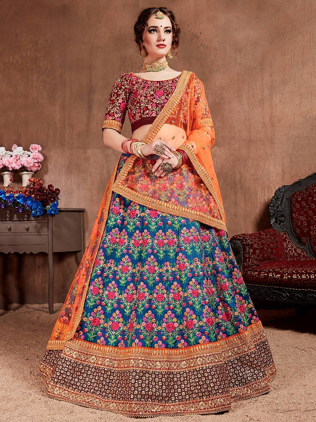 Flamboyant Blue-Red Lehenga Choli | Bridal Wear with Embroidery & Stone Work