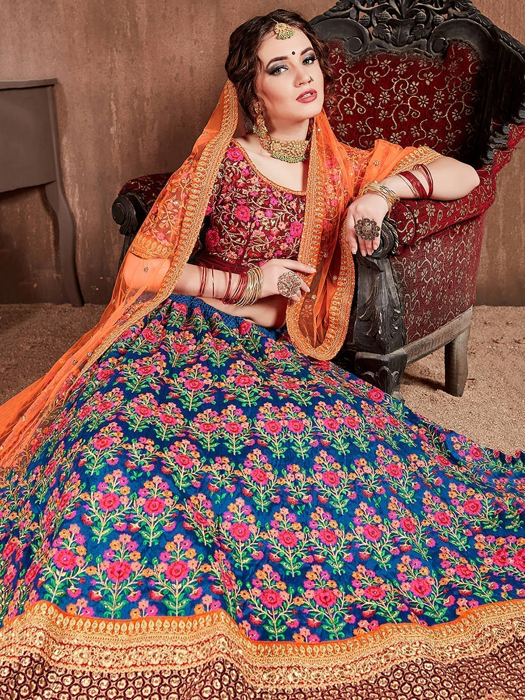 Flamboyant Blue-Red Lehenga Choli | Bridal Wear with Embroidery & Stone Work