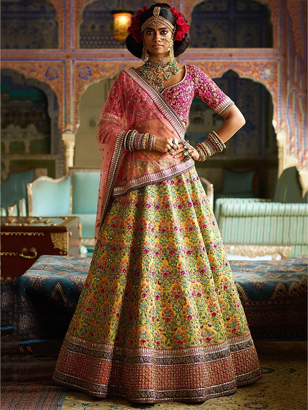 Flamboyant Yellow-Pink Lehenga Choli | Bridal Wear with Silk & Stone Detailing