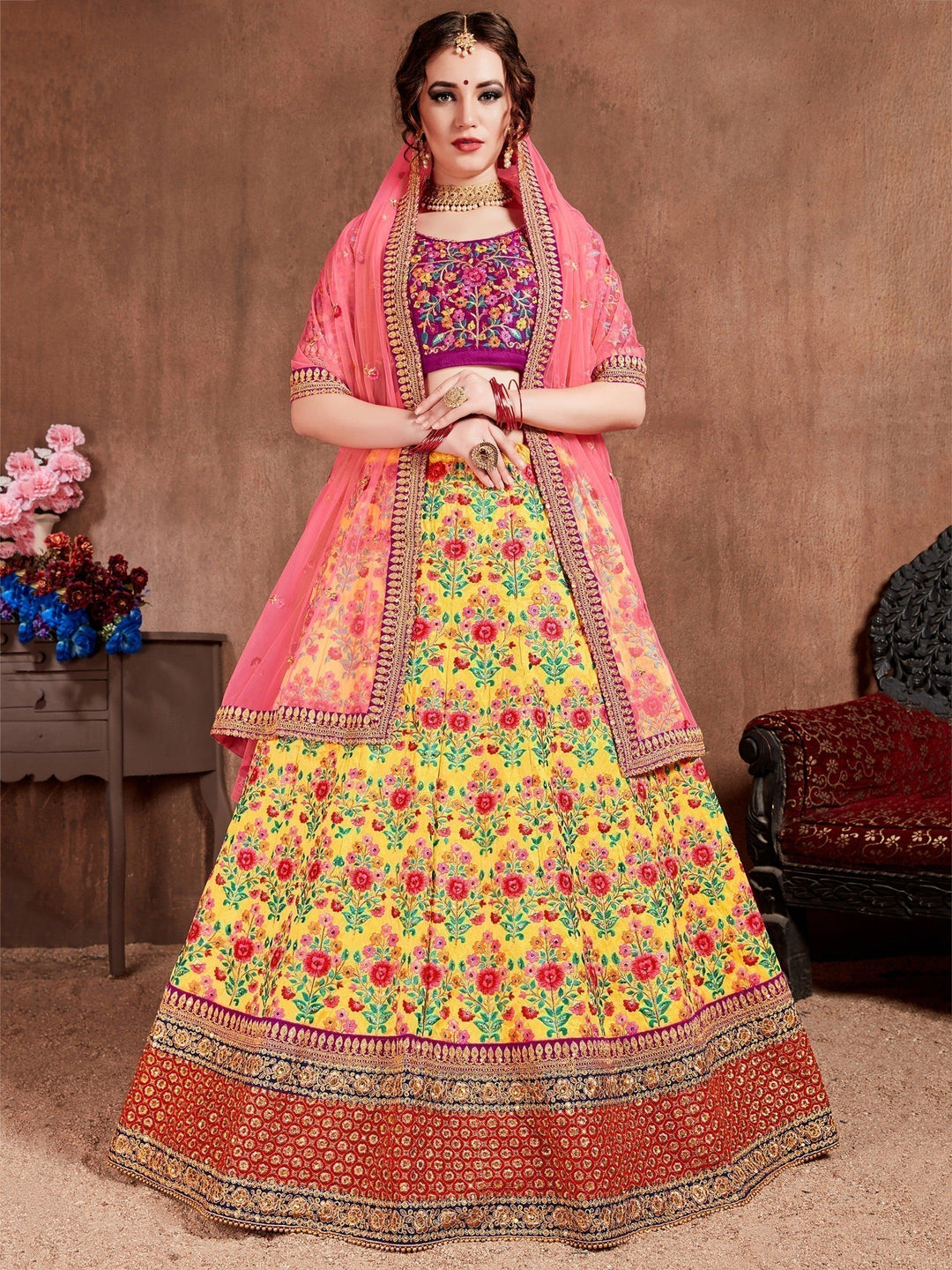 Flamboyant Yellow-Pink Lehenga Choli | Bridal Wear with Silk & Stone Detailing