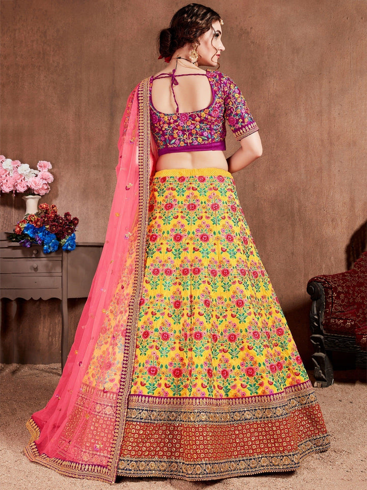 Flamboyant Yellow-Pink Lehenga Choli | Bridal Wear with Silk & Stone Detailing