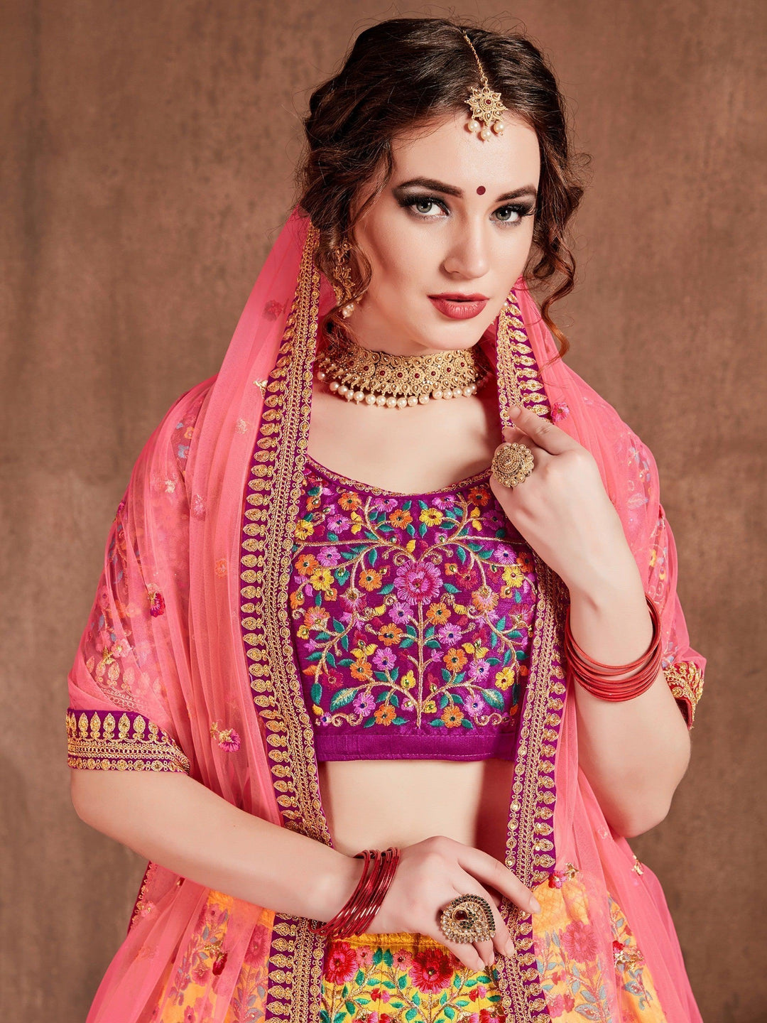 Flamboyant Yellow-Pink Lehenga Choli | Bridal Wear with Silk & Stone Detailing